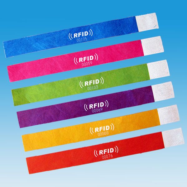 Paper RFID wristband and ticket-style credentials illustrating faster admissions and fraud-resistant entry